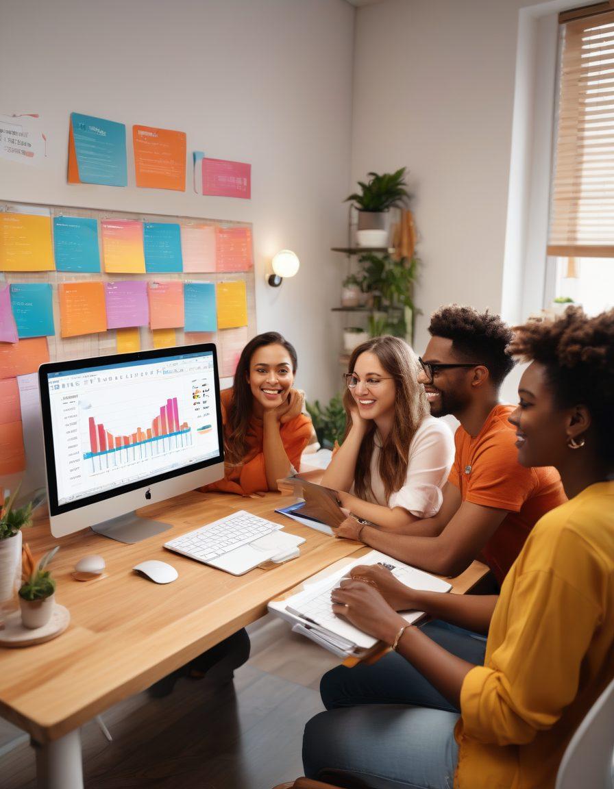 An inspiring scene featuring a diverse group of bloggers gathered around a digital screen displaying growth charts and vibrant content ideas. Each person demonstrates enthusiasm, with laptops and notebooks in hand, symbolizing collaboration and creativity in the blogging world. Bright and engaging colors radiate positivity, while a stylish modern workspace surrounds them. super-realistic. vibrant colors. 3D.