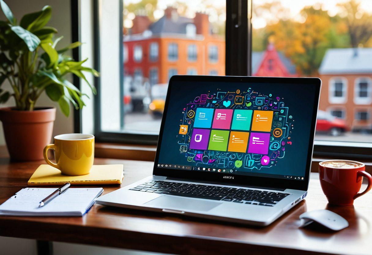 A modern, sleek laptop open to a vibrant digital diary interface, with colorful entries and personal reflections visible on the screen. Surrounding the laptop, a cozy workspace featuring a cup of coffee, a notepad filled with ideas, and a warm, inviting environment. Symbolic icons floating around representing digital connections and creativity. super-realistic. vibrant colors. cozy atmosphere.